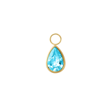Teardrop-shaped blue gemstone pendant with gold setting on a white background