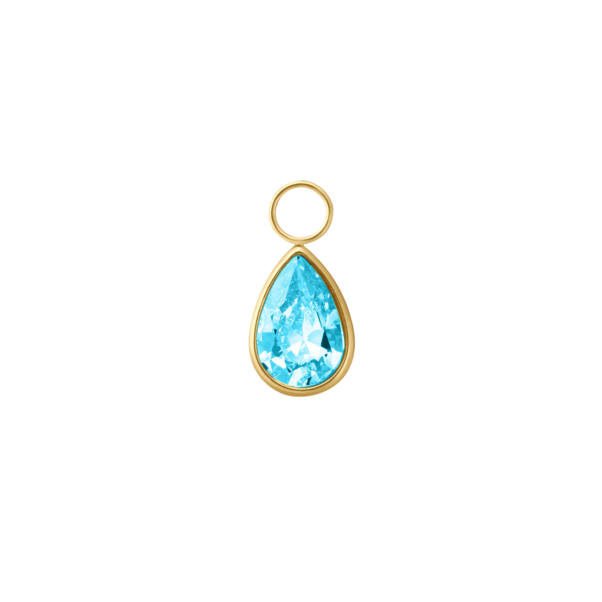 Teardrop-shaped blue gemstone pendant with gold setting on a white background