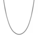 A silver-toned metal chain necklace shown against a plain white background.