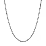 A silver-toned metal chain necklace shown against a plain white background.