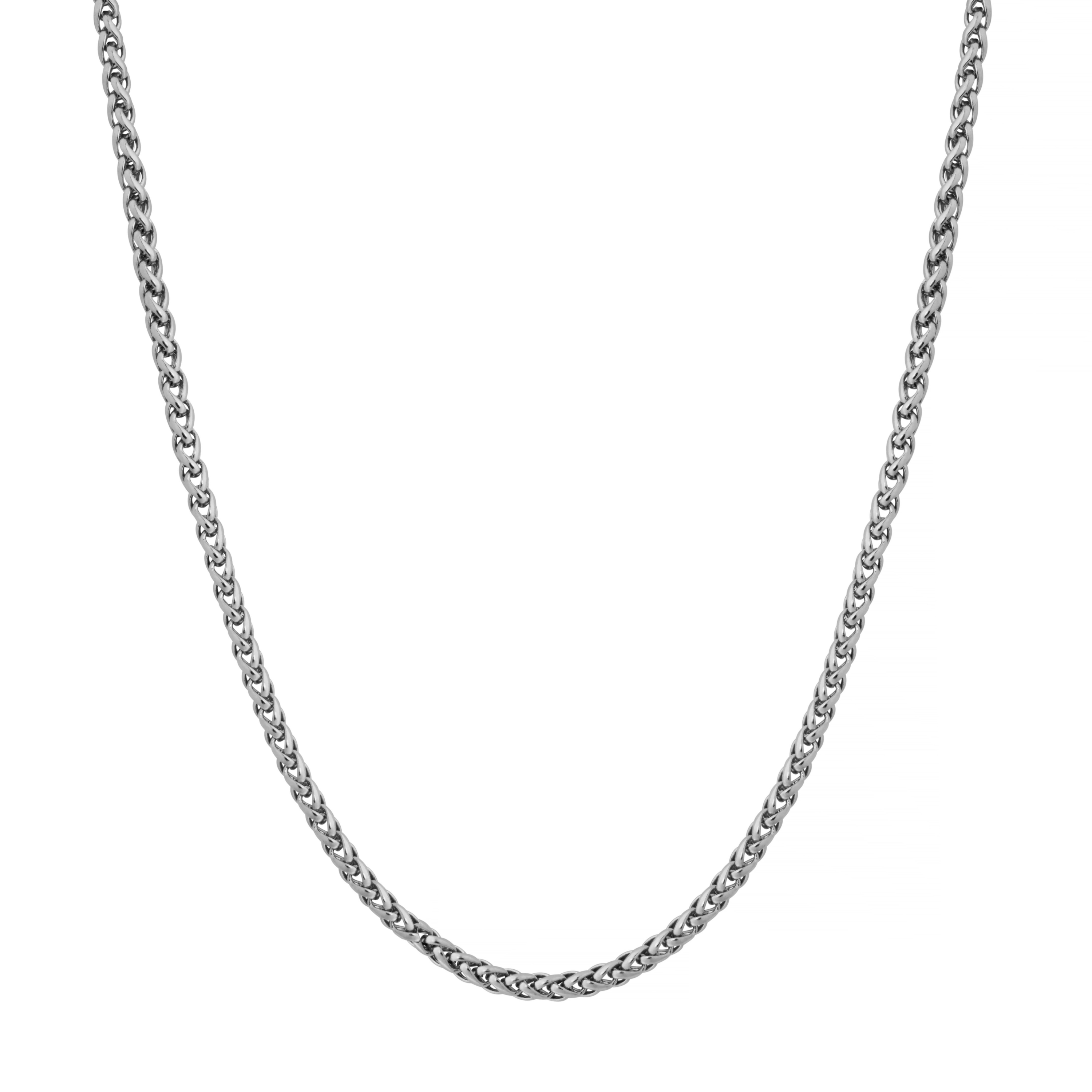 A silver-toned metal chain necklace shown against a plain white background.