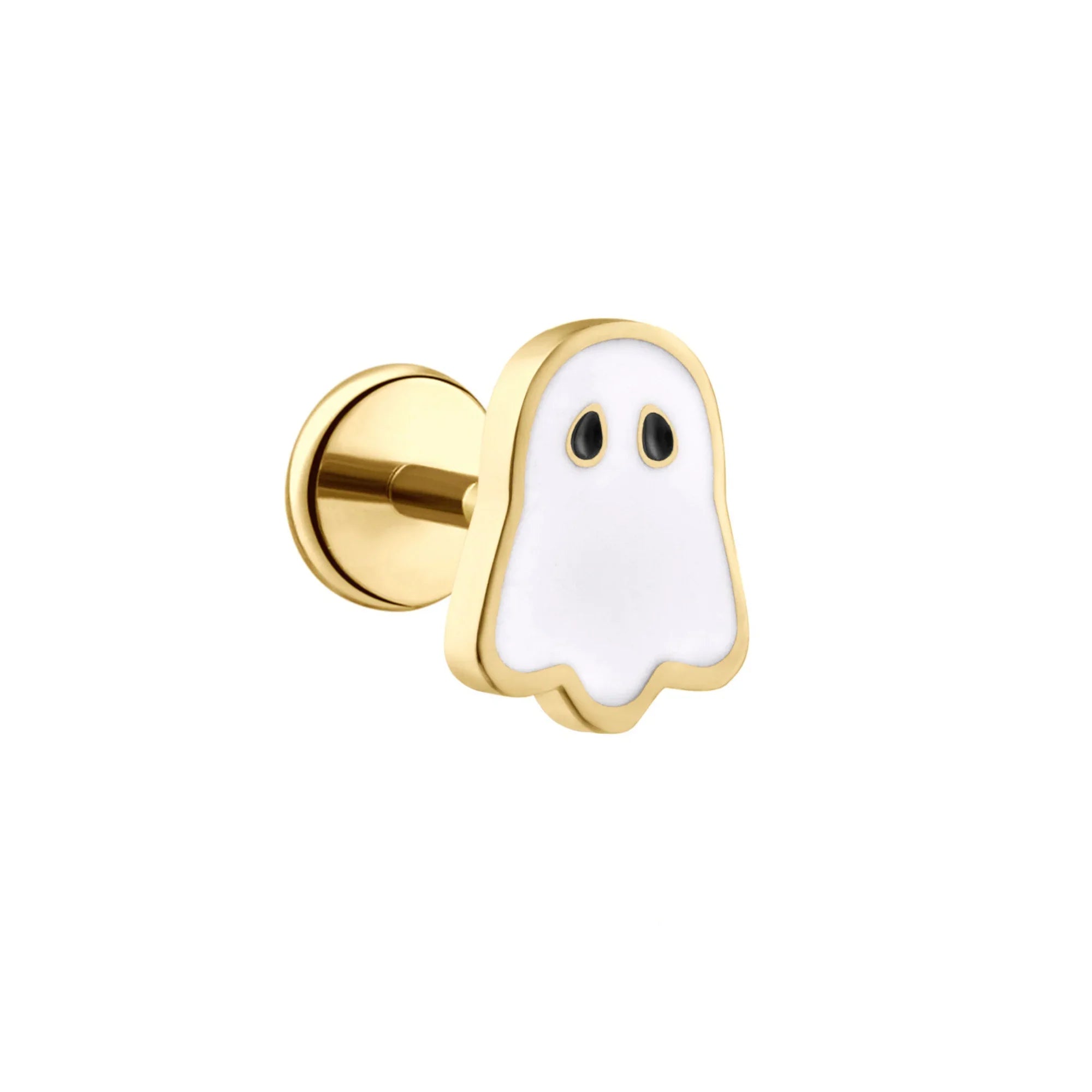 Gold and white ghost-shaped flat back stud earring on a white background