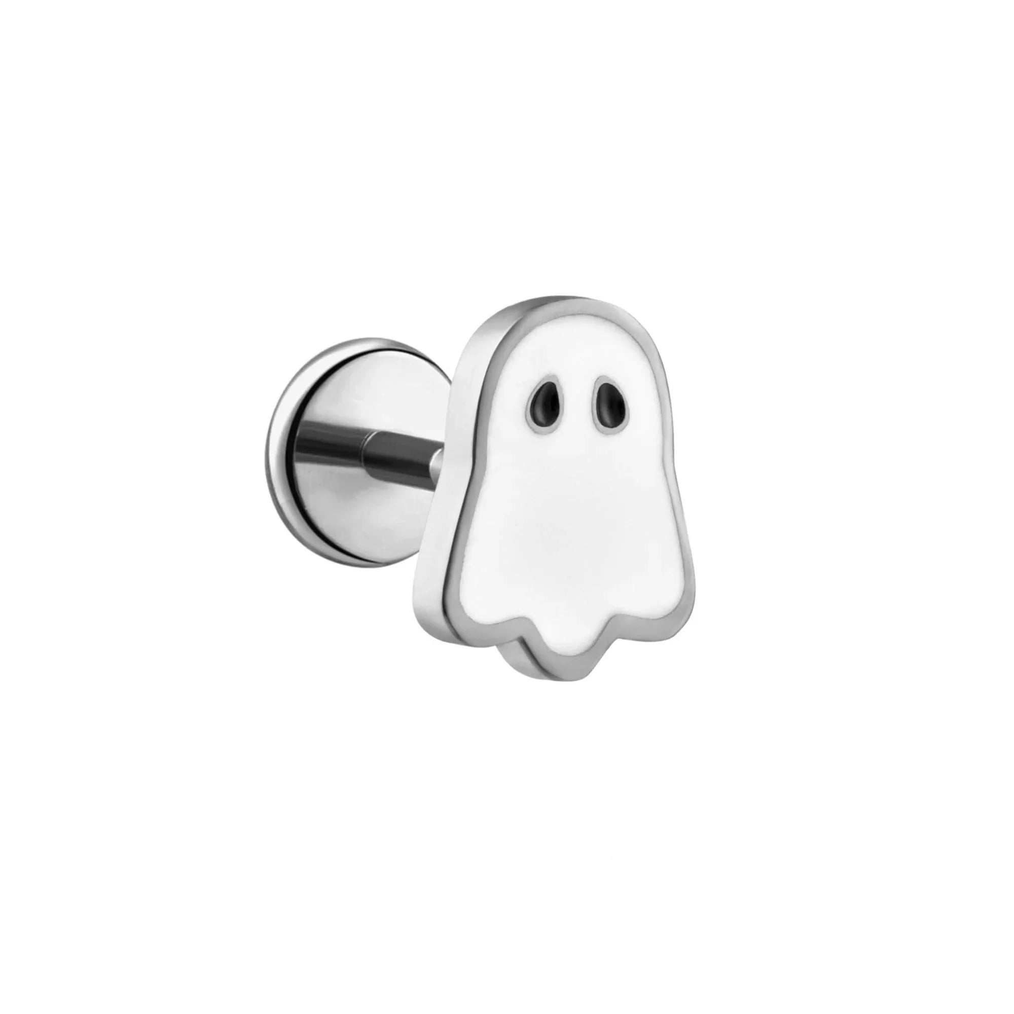 Silver and white ghost-shaped flat back stud earring on a white background