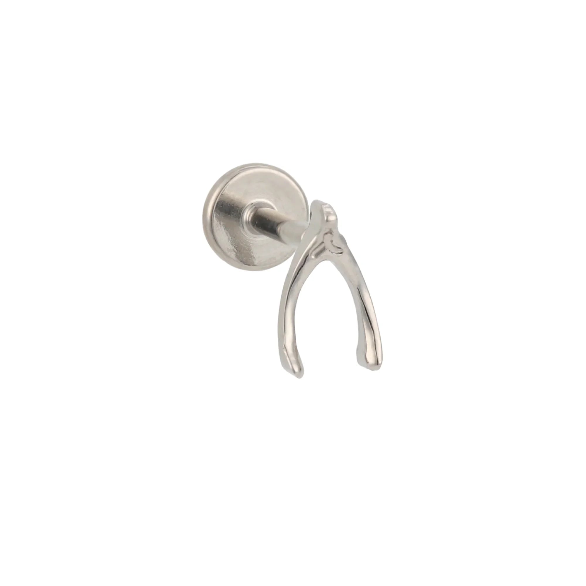 A single silver-colored titanium flat back stud in the shape of a wishbone, displayed against a white background.