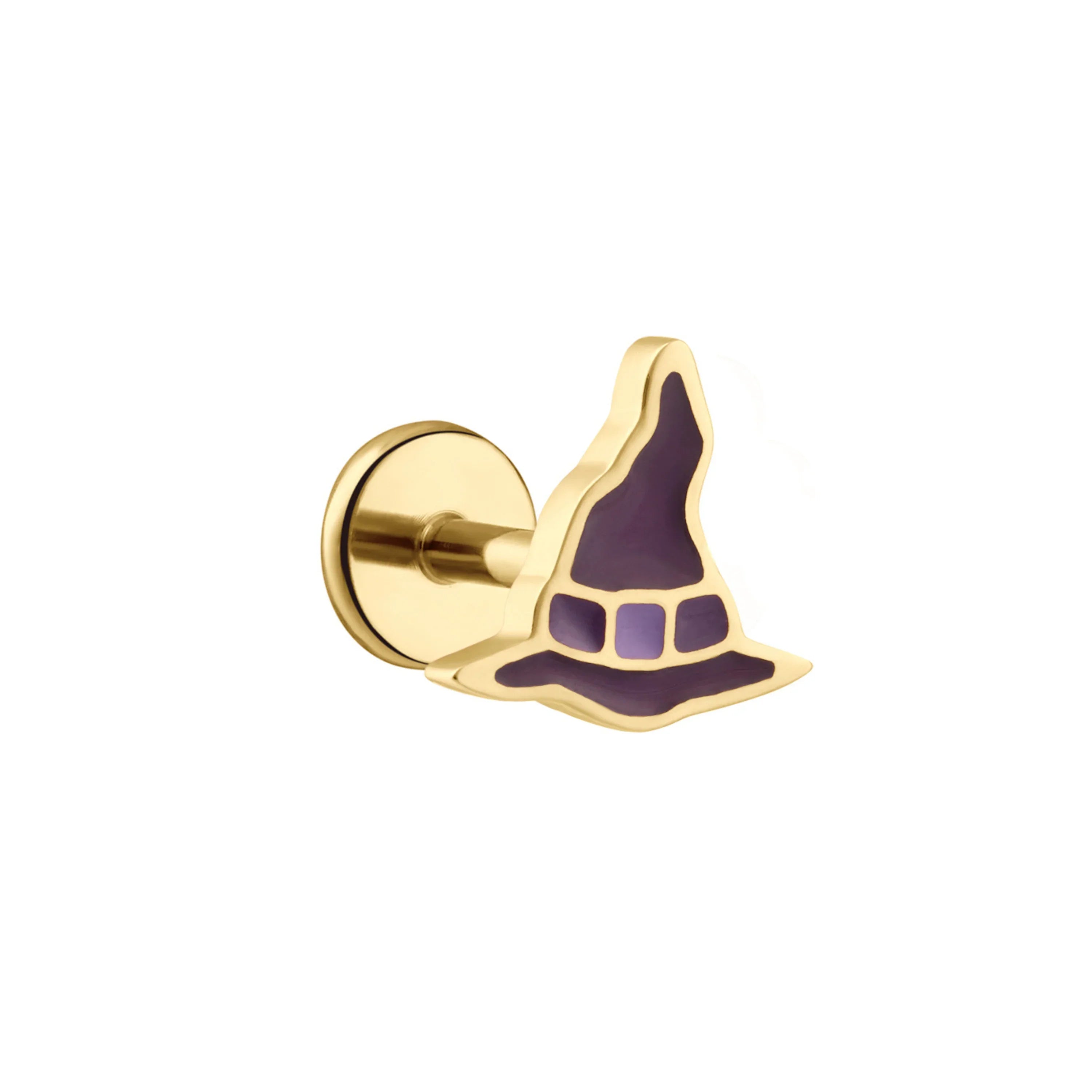 Dark and light purple enamel and gold flat back stud earring in the shape of a witch's hat with a buckle on it.