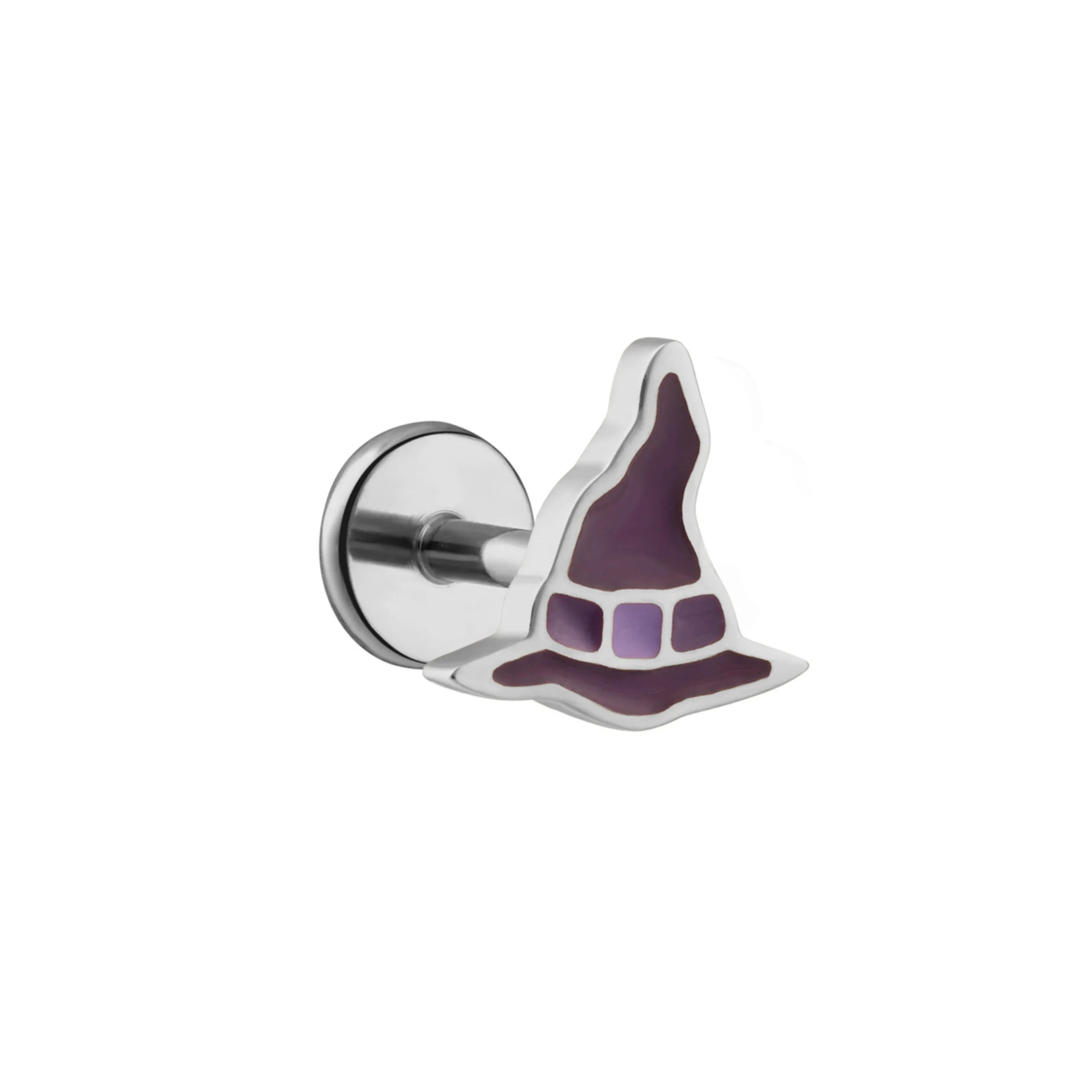 Dark and light purple enamel and silver flat back stud earring in the shape of a witch's hat with a buckle on it.
