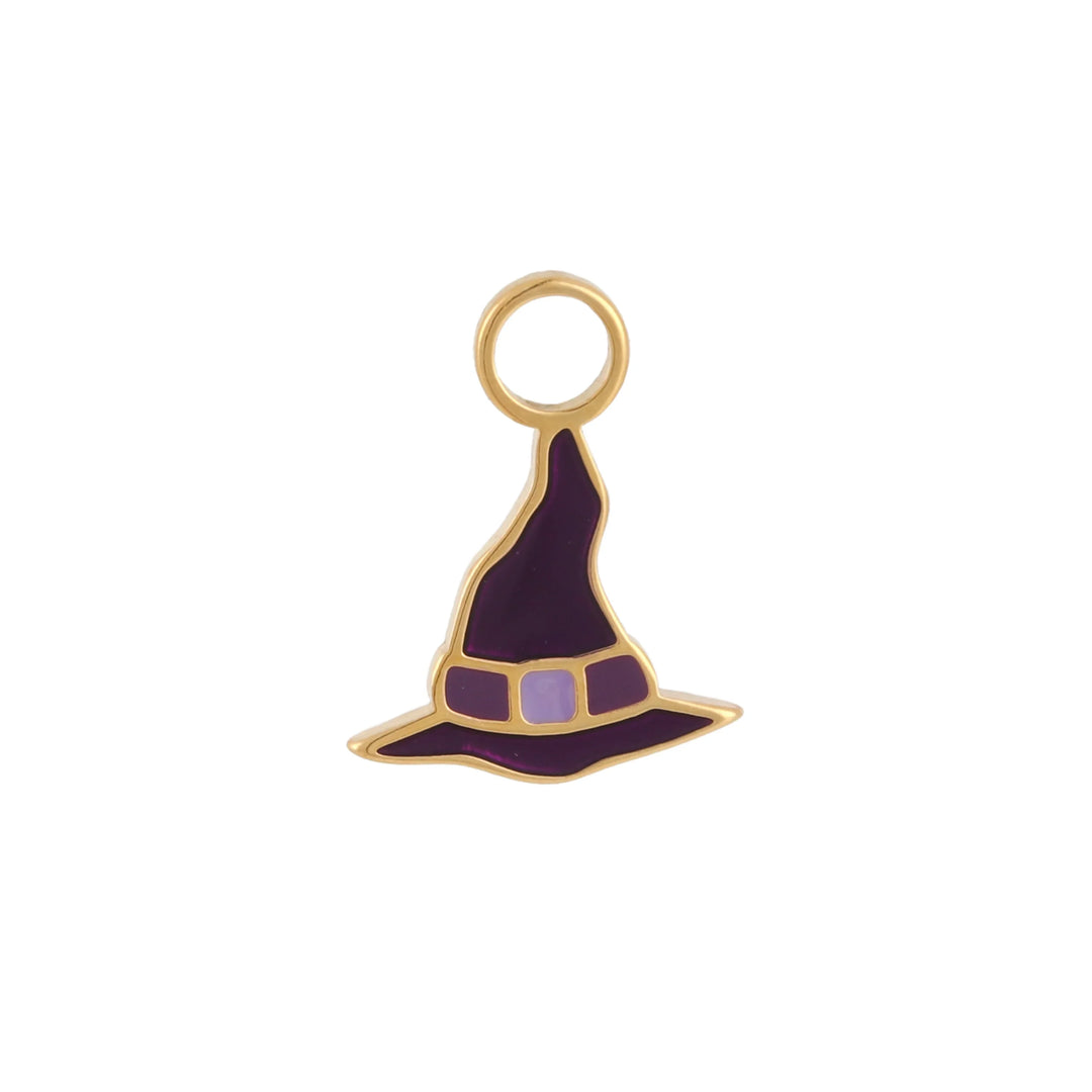 Purple enamel witch hat charm with gold accents on a white background