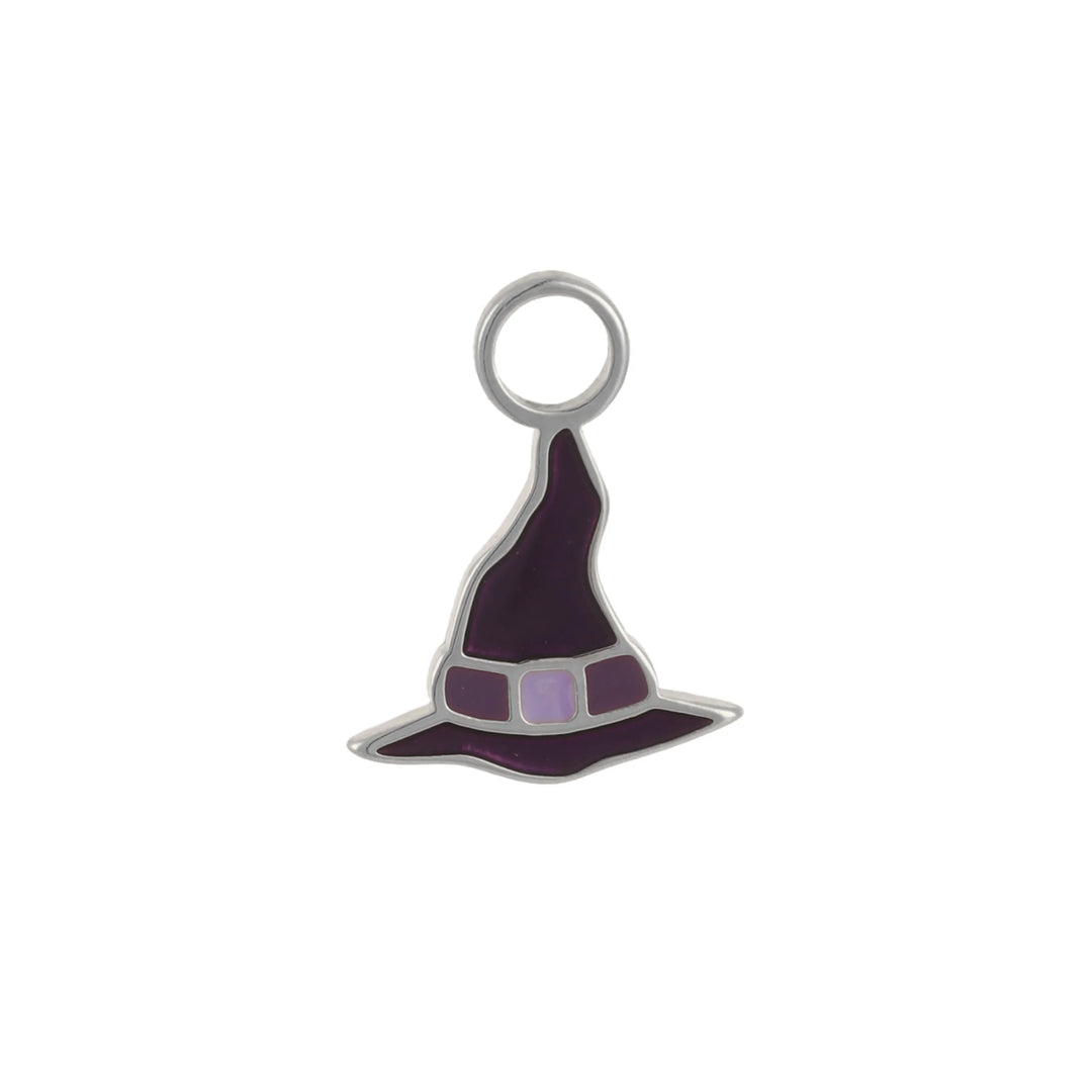 Purple enamel witch hat silver hoop charm on a white background