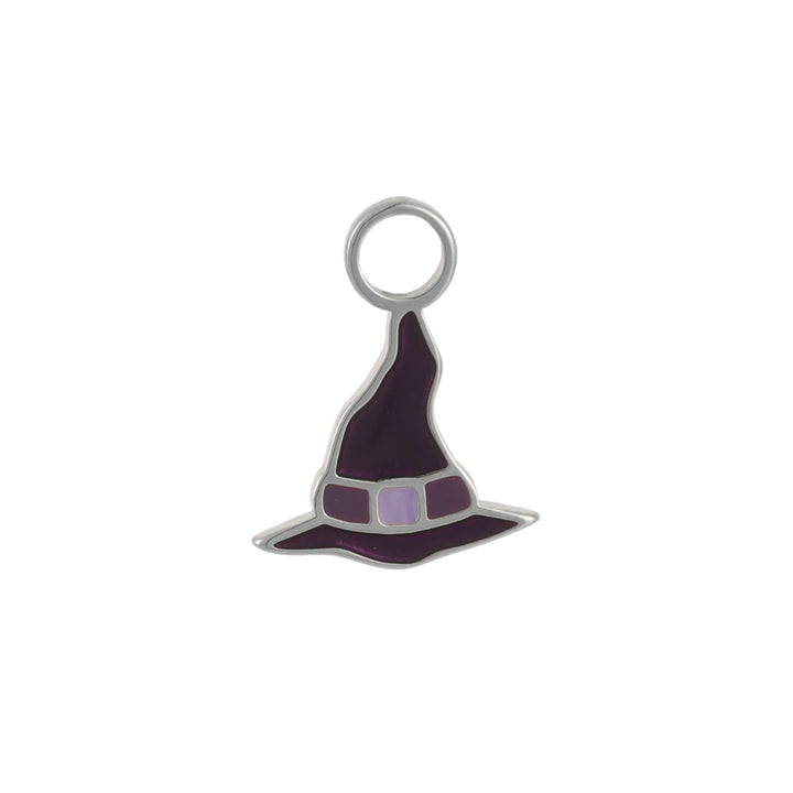 Purple enamel witch hat silver hoop charm on a white background