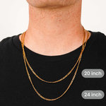 A close-up of a man's neck and lower face wearing two layered gold chains over a black t-shirt. White text labels indicate the chain lengths: 20 inch, 24 inch, and 3 mm.