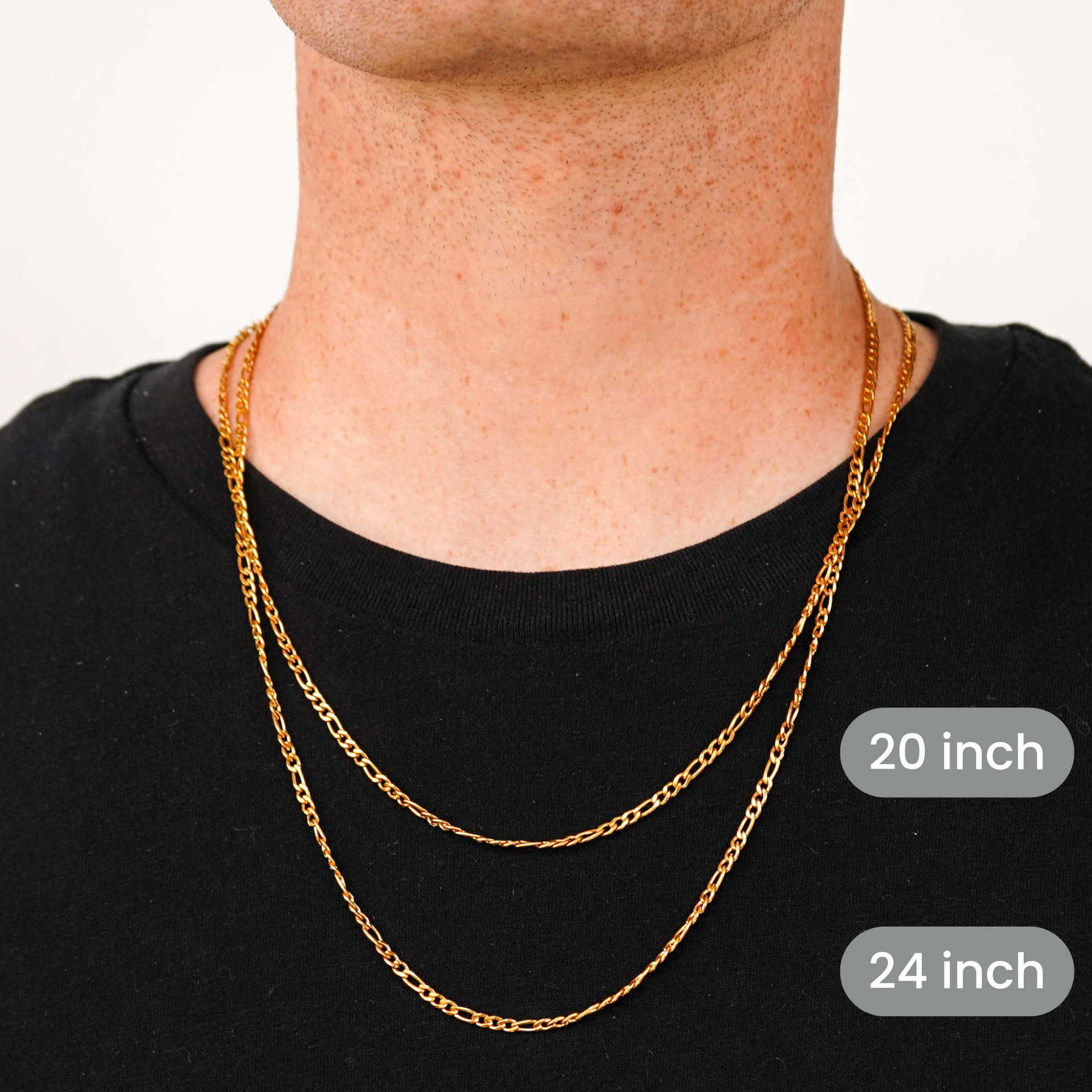 A close-up of a man's neck and lower face wearing two layered gold chains over a black t-shirt. White text labels indicate the chain lengths: 20 inch, 24 inch, and 3 mm.