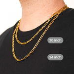 A close-up of a man's neck and upper chest wearing two gold chain necklaces layered over a black t-shirt. White text labels indicate the chain lengths: 20 inch, 24 inch, and 5 mm.