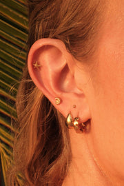 Close-up of an ear with gold earrings against a blurred natural background