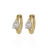 Gold hoop earrings with pear-shaped gemstones on a white background