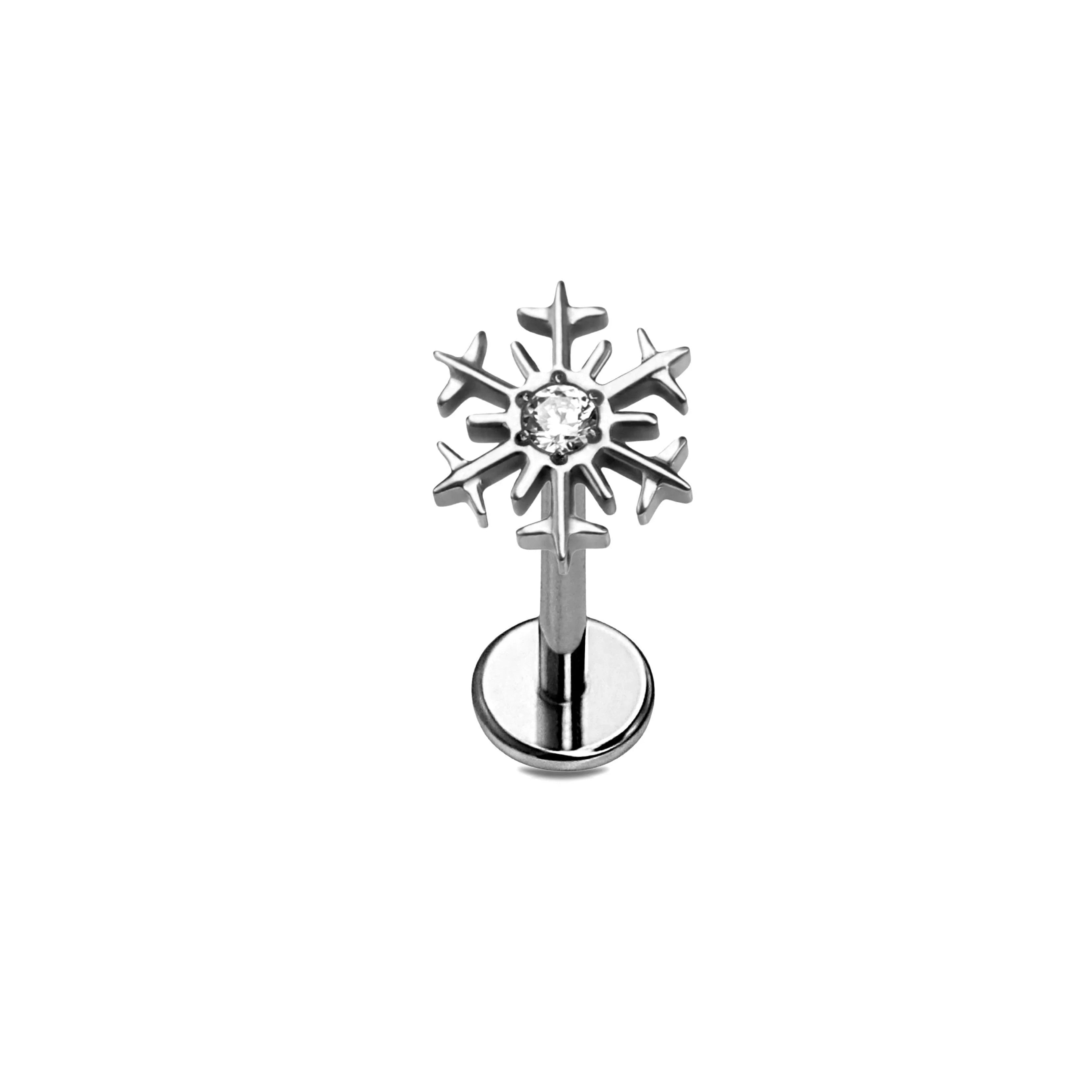 Silver snowflake-shaped flat back stud earring on a white background