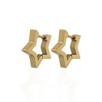 Gold geometric star hoop earrings on a white background