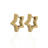 Gold geometric star hoop earrings on a white background