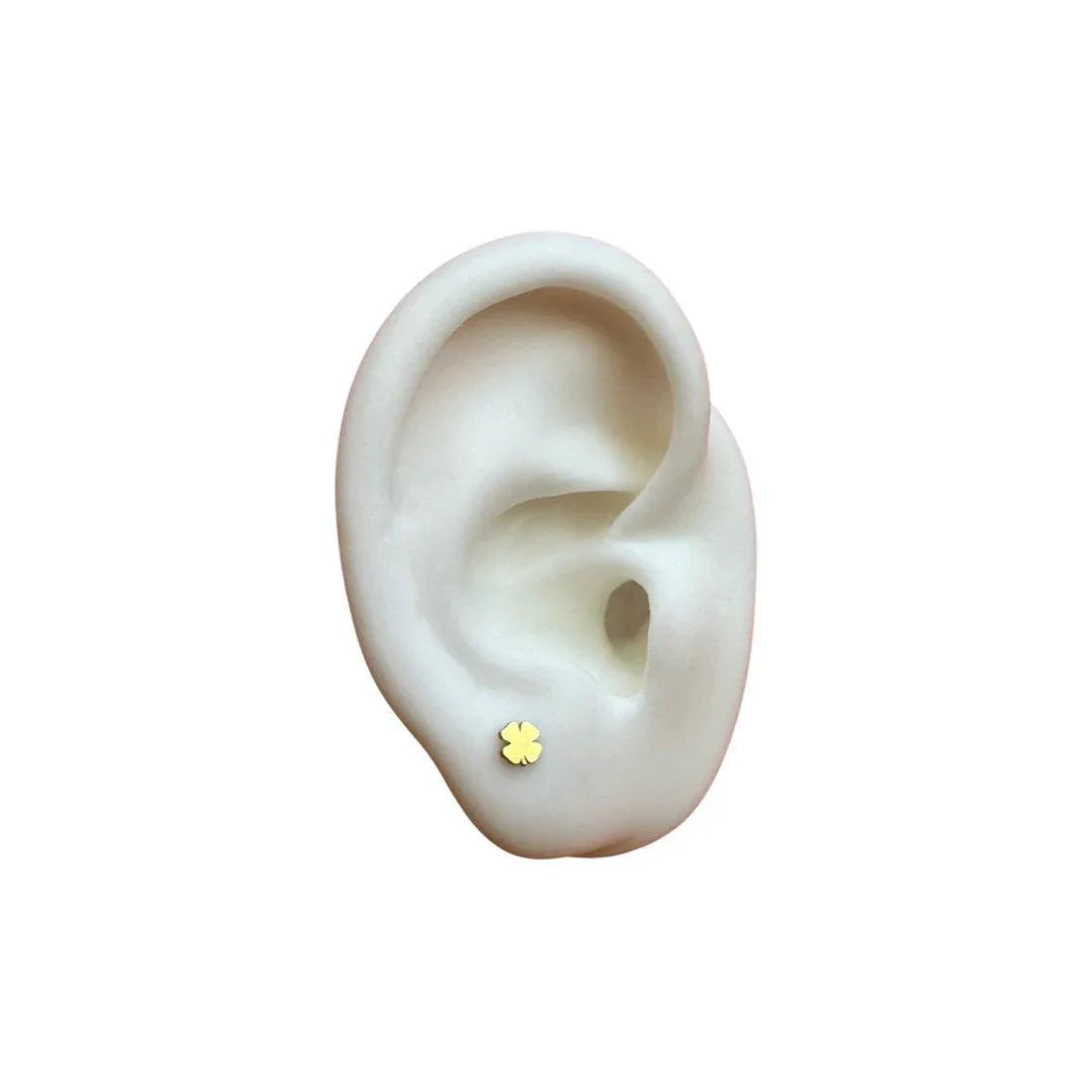 Faux ear with a gold clover stud on it.