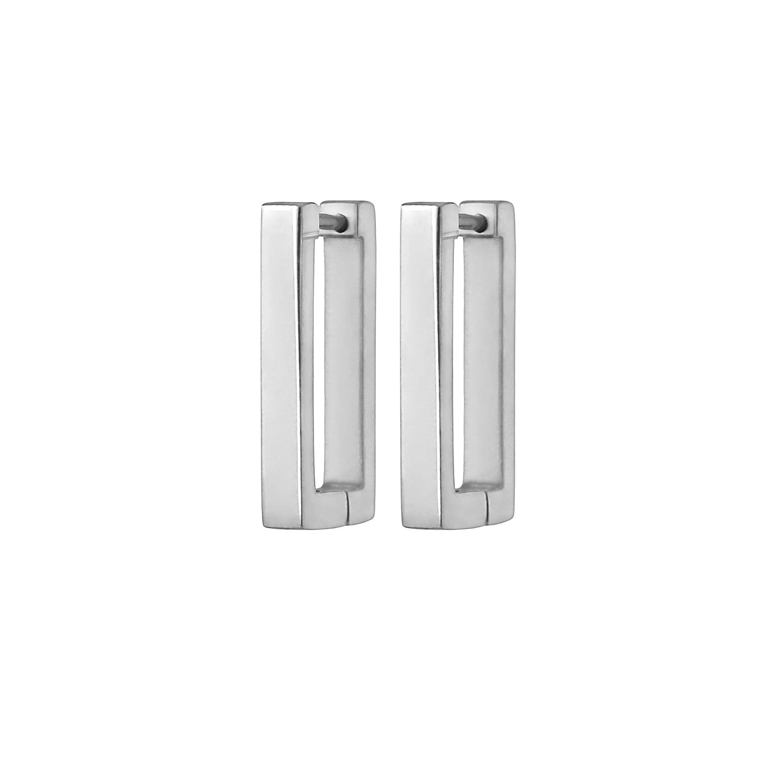 Pair of silver rectangle hoop earrings on a white background